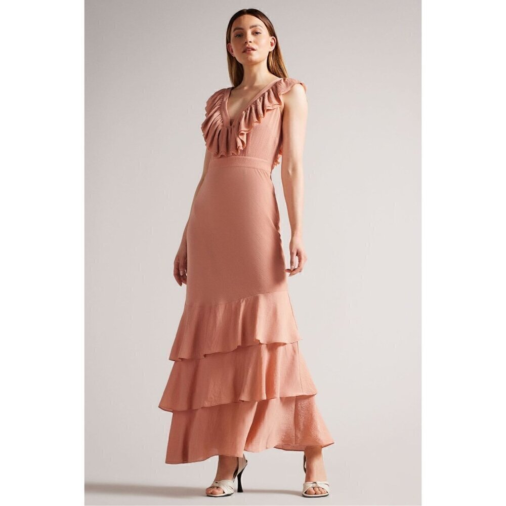 Ted Baker Dusky Ashleigh Crinkle Crepé Maxi Dress With Ruffle Pink Womens Size 4